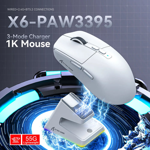 ATTACK SHARK X6 PAW3395 Bluetooth Mouse , Tri-Mode Connection, RGB Touch Magnetic Charging Base, Macro Gaming Mouse