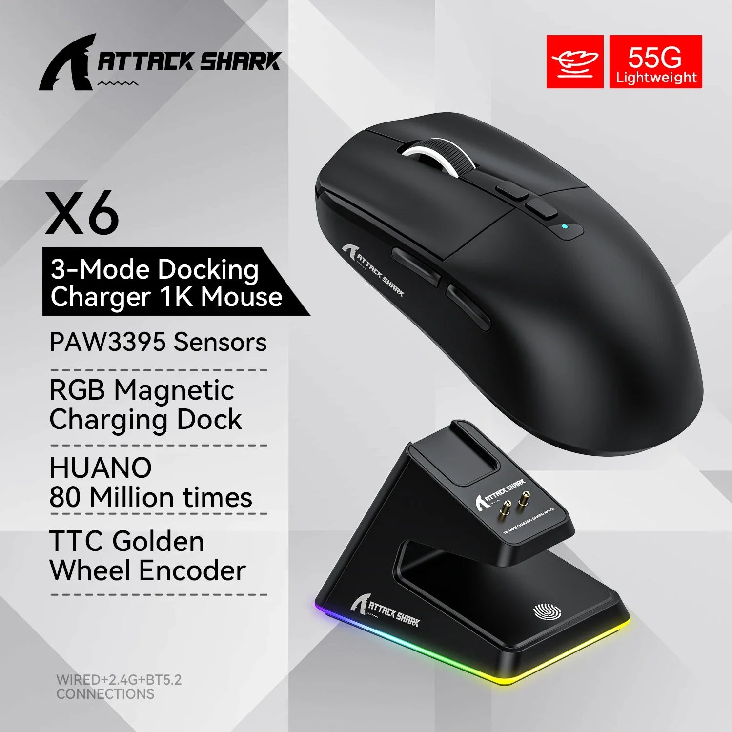ATTACK SHARK X6 PAW3395 Bluetooth Mouse , Tri-Mode Connection, RGB Touch Magnetic Charging Base, Macro Gaming Mouse