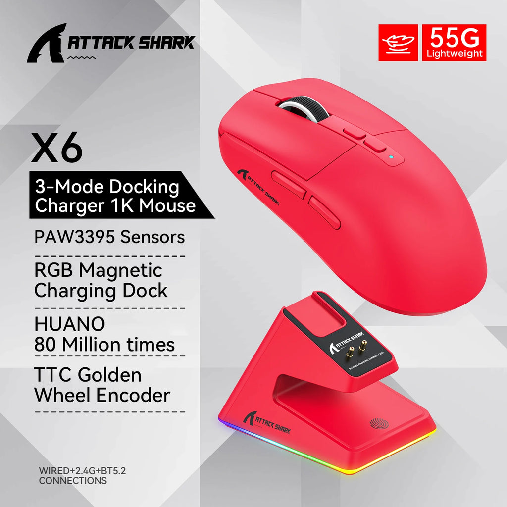 ATTACK SHARK X6 PAW3395 Bluetooth Mouse , Tri-Mode Connection, RGB Touch Magnetic Charging Base, Macro Gaming Mouse