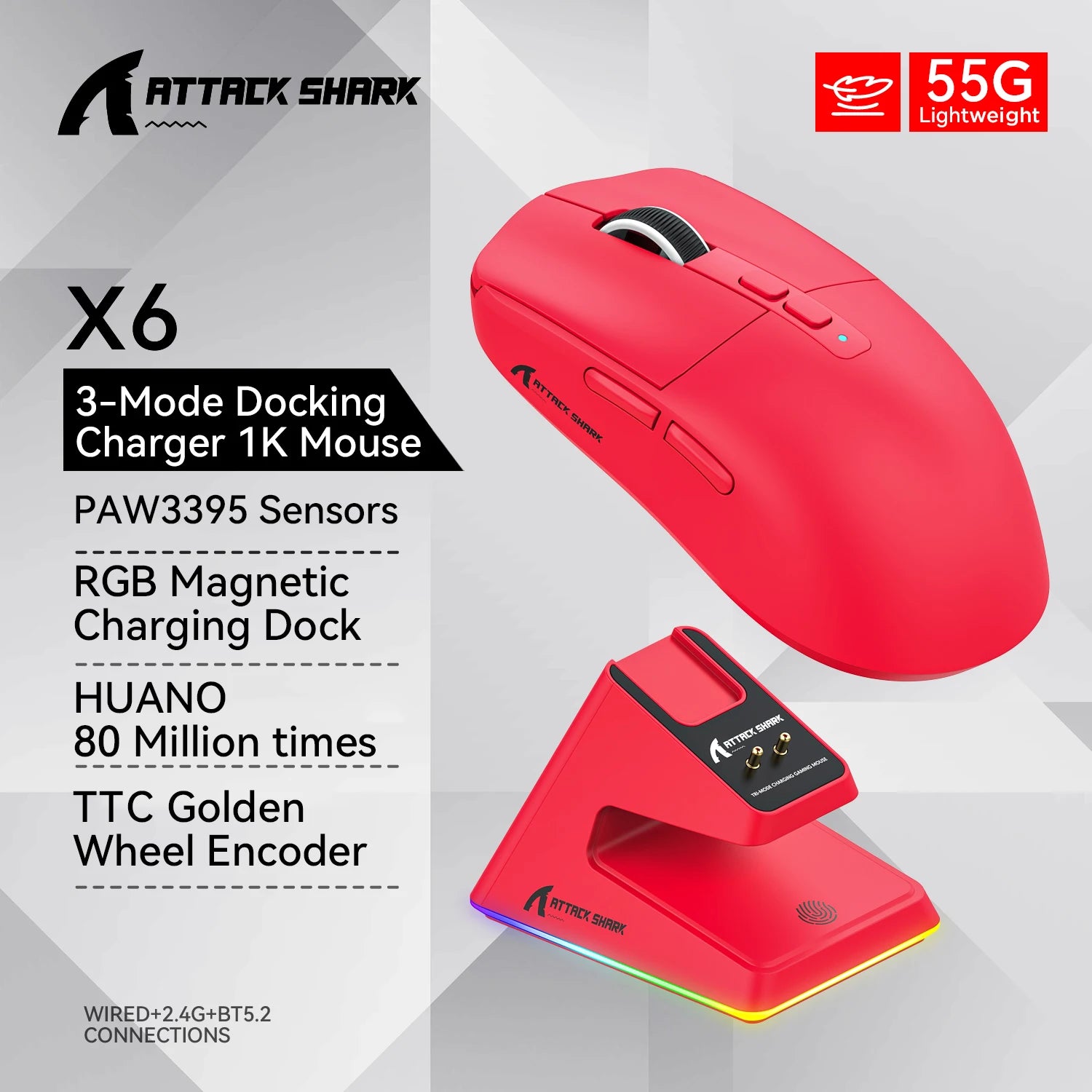 ATTACK SHARK X6 PAW3395 Bluetooth Mouse , Tri-Mode Connection, RGB Touch Magnetic Charging Base, Macro Gaming Mouse