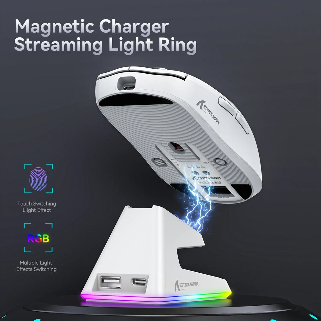 ATTACK SHARK X6 PAW3395 Bluetooth Mouse , Tri-Mode Connection, RGB Touch Magnetic Charging Base, Macro Gaming Mouse