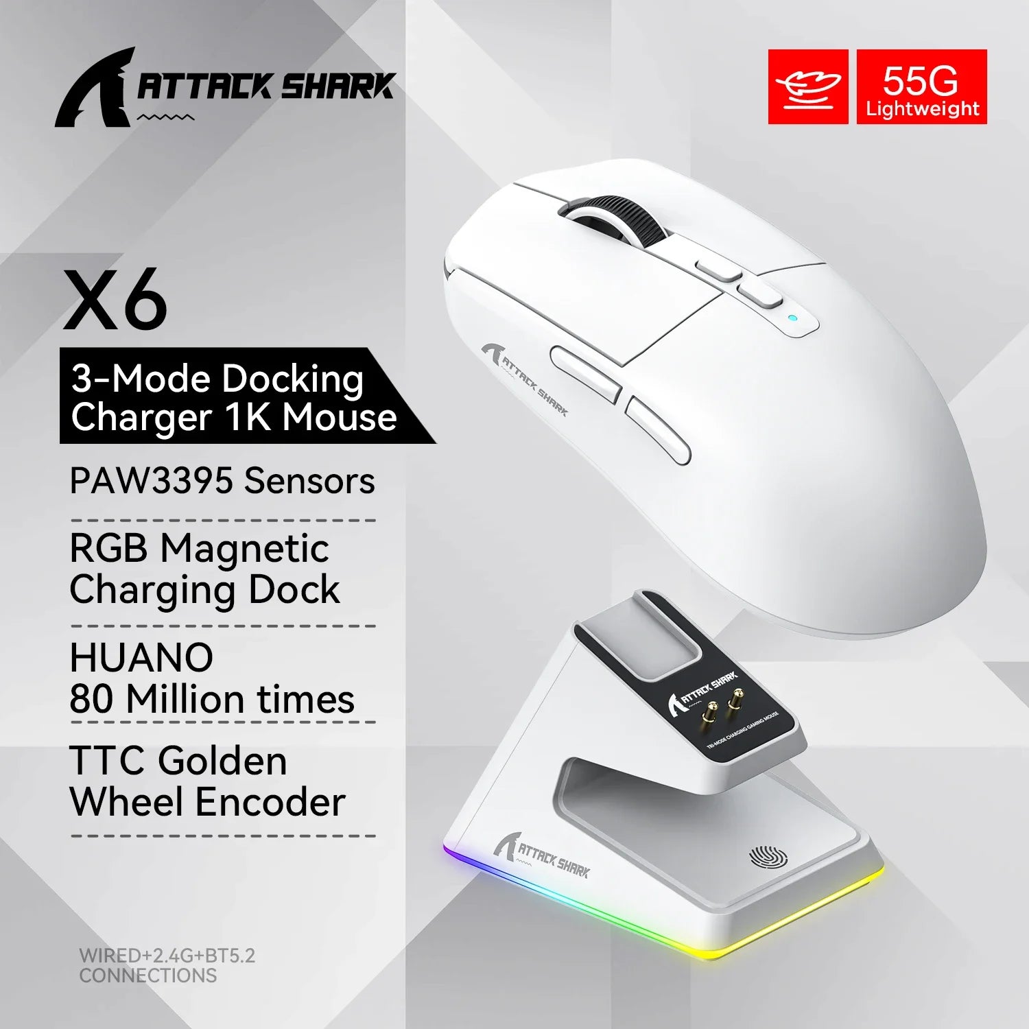 ATTACK SHARK X6 PAW3395 Bluetooth Mouse , Tri-Mode Connection, RGB Touch Magnetic Charging Base, Macro Gaming Mouse