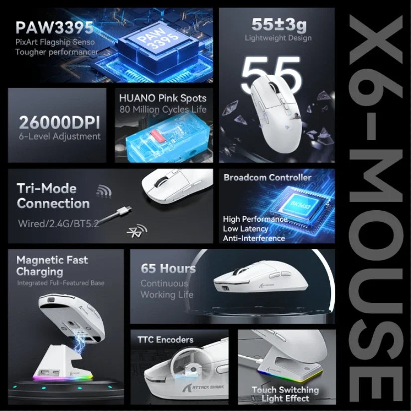 ATTACK SHARK X6 PAW3395 Bluetooth Mouse , Tri-Mode Connection, RGB Touch Magnetic Charging Base, Macro Gaming Mouse